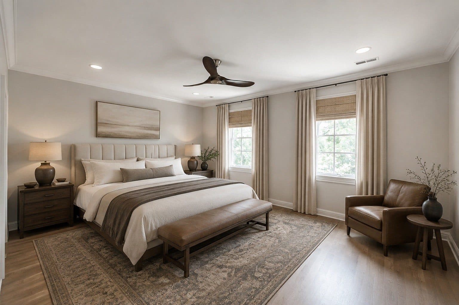 Primary bedroom with a tufted headboard, hardwood floors, and tall windows at 4301 Wallace Lane, Green Hills Nashville
